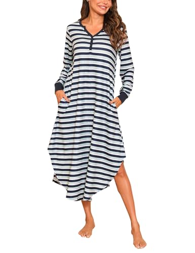 Nieery Nachthemd Damen Langarm Nachtwäsche Gestreiftes Schlafshirt Lang Lose Schlafkleid V-Ausschnitt Sleepshirt Winter mit Taschen von Nieery