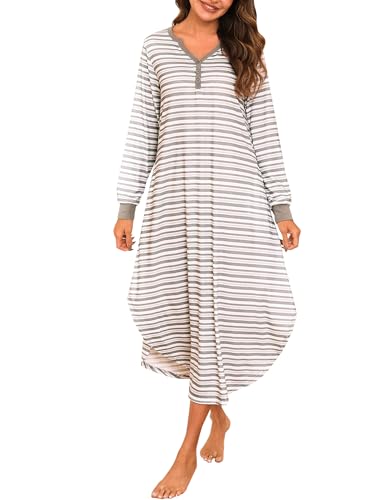 Nieery Nachthemd Damen Langarm Nachtwäsche Gestreiftes Schlafshirt Lang Lose Schlafkleid V-Ausschnitt Sleepshirt Winter mit Taschen von Nieery