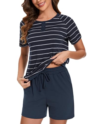 Nieery Pyjama Damen kurz gestreift Schlafanzüge für Damen Sommer Zweiteiler Nachtwäsche Shorty Schlafanzug Mädchen Pyjama Set Kurzarm Schlafoberteil Schlafshorts von Nieery