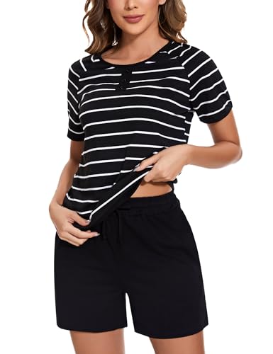 Nieery Pyjama Damen kurz gestreift Schlafanzüge für Damen Sommer Zweiteiler Nachtwäsche Shorty Schlafanzug Mädchen Pyjama Set Kurzarm Schlafoberteil Schlafshorts von Nieery