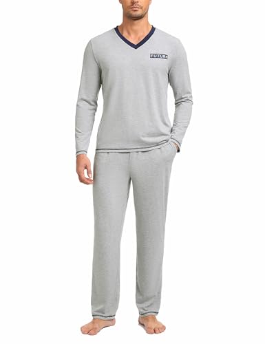 Nieery Pyjama Herren Baumwolle Schlafanzug Jungen lang warm Schlafbekleidung Pyjamahose lang mit Taschen Nachtwäsche Mann von Nieery