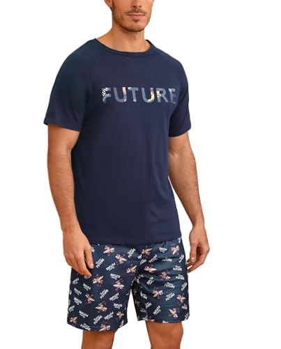 Nieery Pyjama Herren kurz Baumwolle Herren Schlafanzug Herrenschlafanzüge Shorty Schlafanzughose Herren kurz Schlafanzug Jungen lustig mit Tasche elastisches Bund von Nieery