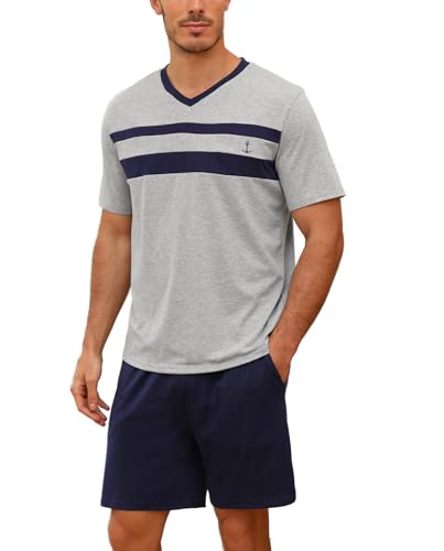 Nieery Schlafanzug Herren kurz Baumwolle Sommer Pyjama Set Kurzarm V-Ausschnitt T-Shirt und Shorty Schlafanzughose von Nieery