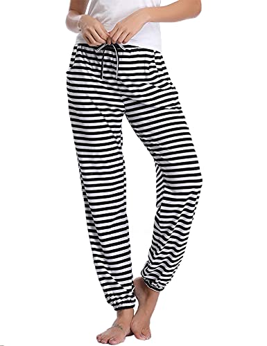 Nieery Pyjamahose Damen Baumwolle Schlafanzughose Lang Jogginghose Sporthose Sweatpants Freizeithose Hausanzug Nachtwäsche Schwarz-Streifen L von Nieery