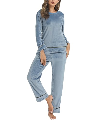 Nieery Schlafanzug Damen Flanell Winter Warme Nicki Hausanzug Zweiteiliger Fleece Pyjama Set Kuschelig Rundhals Pullover und Lang Hose von Nieery