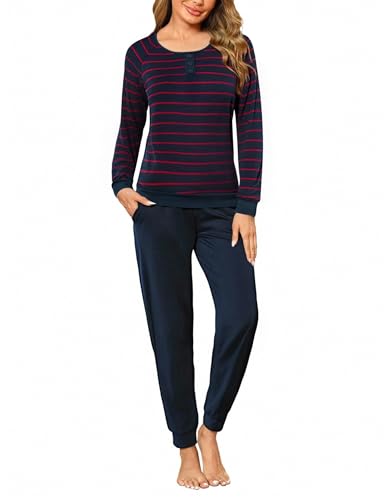 Nieery Schlafanzug Damen Lang Baumwolle Winter PyjamaSet Lounge Schlafanzüge Frau Nachtwäsche von Nieery