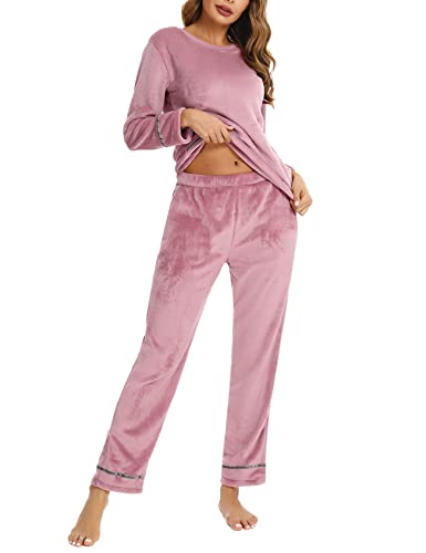 Nieery Schlafanzug Flanell Damen Winter Warme Nicki Hausanzug Zweiteiliger Fleece Pyjama Set Kuschelig Rundhals Pullover und Lang Hose Kamee XXL von Nieery