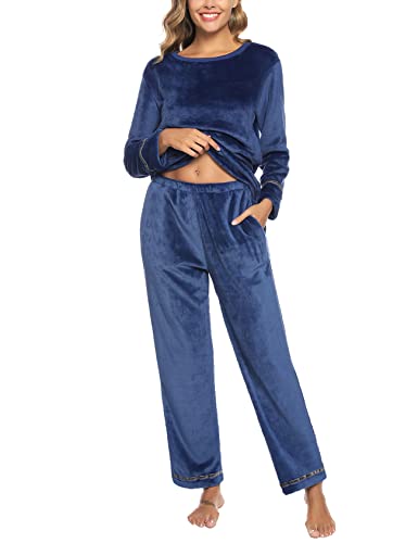 Nieery Schlafanzug Flanell Damen Winter Warme Nicki Hausanzug Zweiteiliger Fleece Pyjama Set Kuschelig Rundhals Pullover und Lang Hose Marineblau S von Nieery