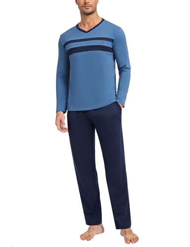 Nieery Schlafanzug Herren Lang Winter Pyjama Set Baumwolle Langarm V-Ausschnitt T-Shirt Schlafanzughose Pyjamahose mit Tasche von Nieery