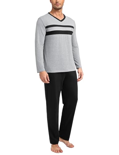 Nieery Schlafanzug Herren Lang Winter Pyjama Set Baumwolle Langarm V-Ausschnitt T-Shirt Schlafanzughose Pyjamahose mit Tasche von Nieery