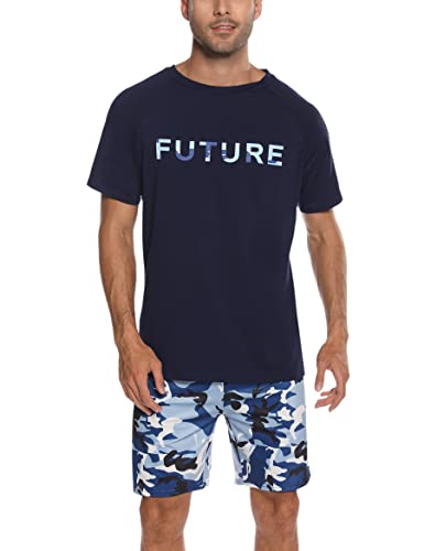 Nieery Schlafanzug Herren kurz Baumwolle Pyjama Herren Sommer Schlafanzug Männer Kurzarm Schlafanzughose Shorty Herren Schlafanzug Kurzarm T-Shirt Pyjamahose Zweiteilig Set von Nieery