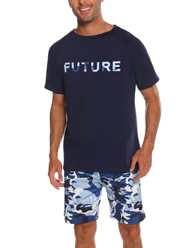Nieery Schlafanzug Herren kurz Baumwolle Sommer PyjamaSet Bedrucktes Kurzarm T-Shirt und Schlafanzughose Shorts mit Camouflage Muster von Nieery