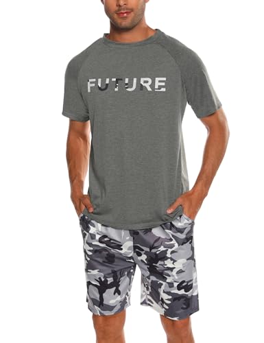 Nieery Schlafanzug Herren kurz Baumwolle Pyjama Herren Sommer Schlafanzug Männer Kurzarm Schlafanzughose Shorty Herren Schlafanzug Kurzarm T-Shirt Pyjamahose Zweiteilig Set von Nieery