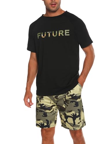 Nieery Schlafanzug Herren kurz Baumwolle Sommer PyjamaSet Bedrucktes Kurzarm T-Shirt und Schlafanzughose Shorts mit Camouflage Muster von Nieery