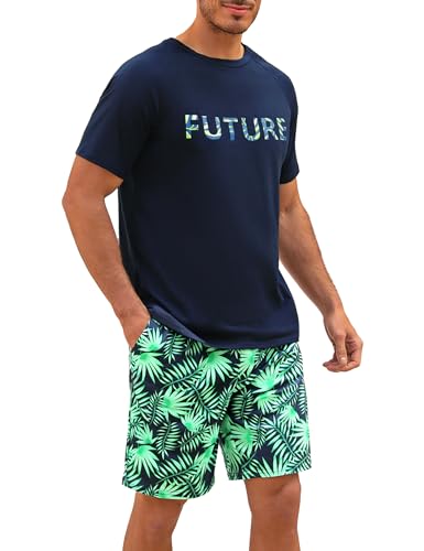 Nieery Schlafanzug Herren Kurz Baumwolle Pyjama Sommer Männer Kurzarm T-Shirt Pyjamahose Zweiteilig Set von Nieery