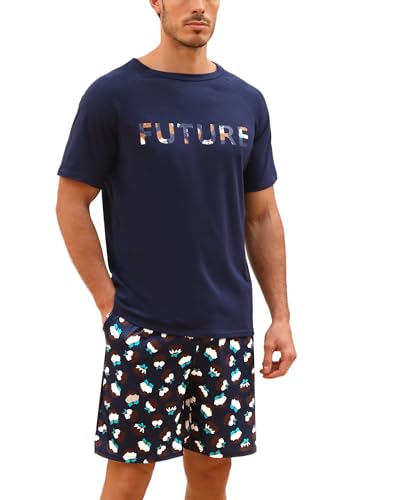 Nieery Schlafanzug Herren kurz Baumwolle Pyjama Herren Sommer Schlafanzug Männer Kurzarm Schlafanzughose Shorty Herren Schlafanzug Kurzarm T-Shirt Pyjamahose Zweiteilig Set von Nieery