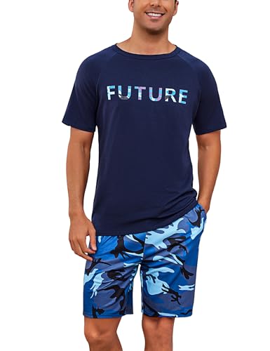 Nieery Schlafanzug Herren kurz Baumwolle Pyjama Sommer Schlafanzug Männer Kurzarm Schlafanzughose Shorty Schlafanzug Kurzarm T-Shirt Pyjamahose Zweiteilig Set von Nieery