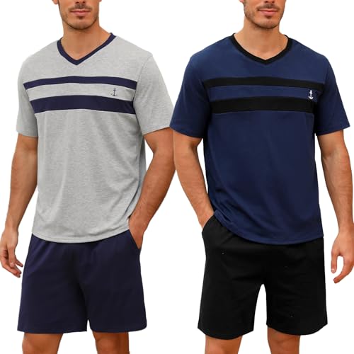 Nieery Schlafanzug Herren kurz Baumwolle Sommer Pyjama Set Kurzarm V-Ausschnitt T-Shirt und Shorty Schlafanzughose von Nieery