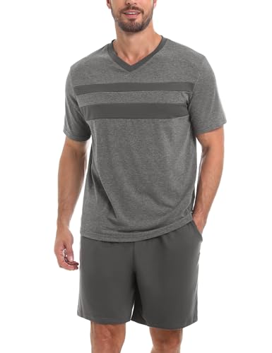 Nieery Schlafanzug Herren kurz Baumwolle Sommer Pyjama Set Kurzarm V-Ausschnitt T-Shirt und Shorty Schlafanzughose von Nieery