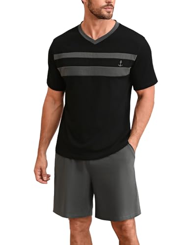 Nieery Schlafanzug Herren kurz Baumwolle Sommer Pyjama Set Kurzarm V-Ausschnitt T-Shirt und Shorty Schlafanzughose von Nieery