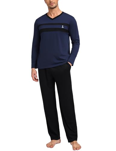 Nieery Schlafanzug Herren Lang Winter Pyjama Set Baumwolle Langarm V-Ausschnitt T-Shirt Schlafanzughose Pyjamahose mit Tasche von Nieery