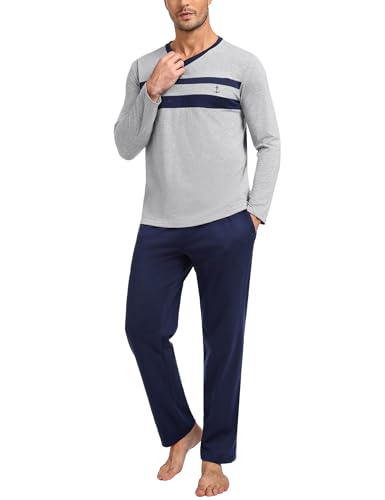 Nieery Schlafanzug Herren Lang Winter Pyjama Set Baumwolle Langarm V-Ausschnitt T-Shirt Schlafanzughose Pyjamahose mit Tasche von Nieery