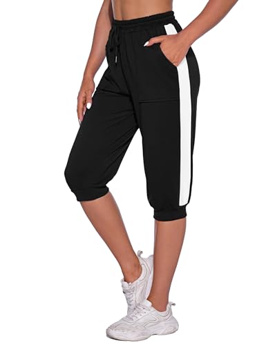 Nieery Damen Jogginghose 3/4 Sommer Sporthose Caprihose Laufhose Freizeithose Sweathose Trainingshose mit Taschen und Gürtel von Nieery