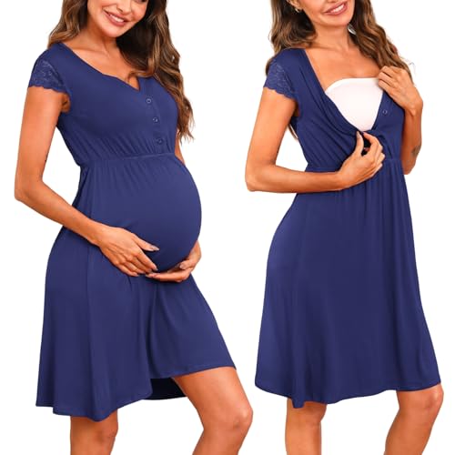 Nieery Stillnachthemd Damen Kurzarm Still Spitze Nachthemd Damen Geburt Still Pyjama Stillen Frau Schlafshirt Nachtwäsche Stillpyjama Umstandsnachthemd Schwangerschaftsnachthemd von Nieery