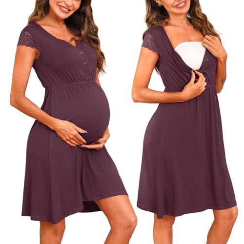 Nieery Stillnachthemd Damen Kurzarm Still Spitze Nachthemd Damen Geburt Still Pyjama Stillen Frau Schlafshirt Nachtwäsche Stillpyjama Umstandsnachthemd Schwangerschaftsnachthemd von Nieery