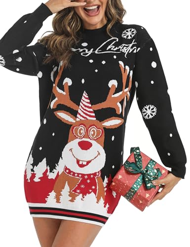 Nieery Weihnachtspullover Damen Weihnachten Strickkleid Rentiere Schneeflocken Weihnachtskleid Frau Weihnachtspulli Ugly Christmas Sweater Pullover Weihnachtsbekleidung Damen lustig von Nieery