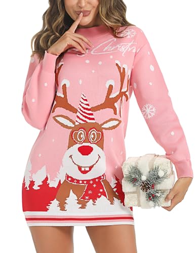 Nieery Weihnachtspullover Damen Weihnachten Strickkleid Rentiere Schneeflocken Weihnachtskleid Frau Weihnachtspulli Ugly Christmas Sweater Pullover Weihnachtsbekleidung Damen lustig von Nieery