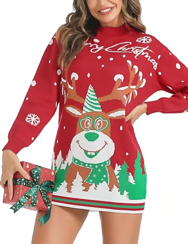 Nieery Weihnachtspullover Damen Weihnachten Strickkleid Rentiere Schneeflocken Weihnachtskleid Frau Weihnachtspulli Ugly Christmas Sweater Pullover Weihnachtsbekleidung Damen lustig von Nieery