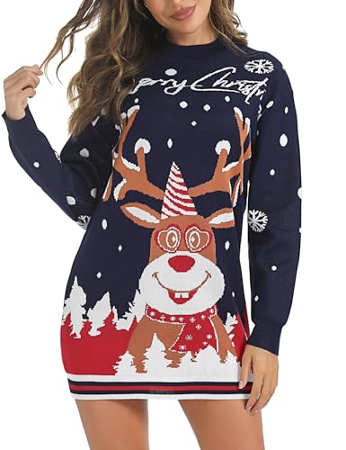 Nieery Weihnachtspullover Damen Weihnachten Strickkleid Rentiere Schneeflocken Weihnachtskleid Frau Weihnachtspulli Ugly Christmas Sweater Pullover Weihnachtsbekleidung Damen lustig von Nieery