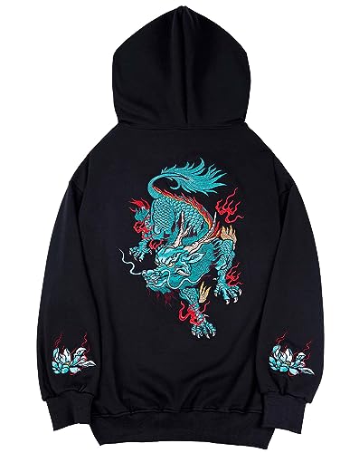 Niepce Inc Streetwear Herren Dragon Embroidered Heavyweight Graphic Hoodies, Schwarz-Blau-Kirin, XX-Large von Niepce Inc