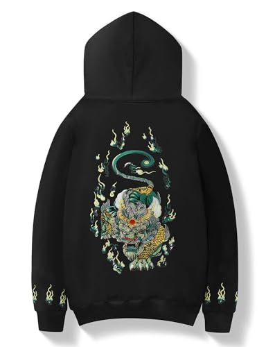 Niepce Inc Streetwear Herren-Kapuzenpullover mit Drachenstickerei, schwere Grafik, Schwarz-Smaragd Kirin, XXX-Large von Niepce Inc