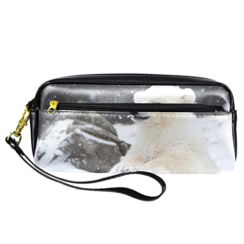 Kleine Make-up-Tasche für Damen,Leder-Bleistifttasche,Kosmetiktasche,Bär und Schnee,Make-up-Tasche, Stifttasche von NigelMu