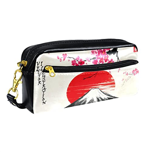 Kleine Make-up-Tasche für Damen,Leder-Bleistifttasche,Kosmetiktasche,Berg Fuji und Kirschblüten in Japan,Make-up-Tasche, Stifttasche von NigelMu