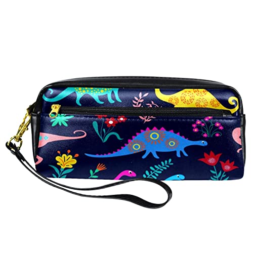 Kleine Make-up-Tasche für Damen,Leder-Bleistifttasche,Kosmetiktasche,Bunte Cartoon-Dinosaurier,Make-up-Tasche, Stifttasche von NigelMu