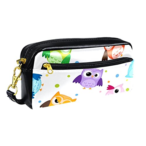 Kleine Make-up-Tasche für Damen,Leder-Bleistifttasche,Kosmetiktasche,Bunte Tupfen und Cartooneule,Make-up-Tasche, Stifttasche von NigelMu