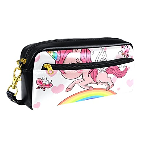 Kleine Make-up-Tasche für Damen,Leder-Bleistifttasche,Kosmetiktasche,Mädchen und Regenbogen und Einhorn,Make-up-Tasche, Stifttasche von NigelMu