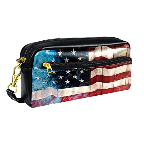 Kleine Make-up-Tasche für Damen,Leder-Bleistifttasche,Kosmetiktasche,Magisches Aquarell amerikanische Flagge,Make-up-Tasche, Stifttasche von NigelMu