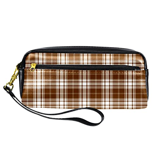 Kleine Make-up-Tasche für Damen,Leder-Bleistifttasche,Kosmetiktasche,braunes Plaid,Make-up-Tasche, Stifttasche von NigelMu