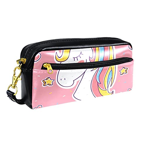 Kleine Make-up-Tasche für Damen,Leder-Bleistifttasche,Kosmetiktasche,rosafarbenes Einhorn,Make-up-Tasche, Stifttasche von NigelMu