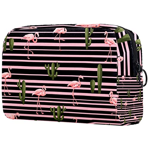 Kleine Schminktasche für Damen,Schminktasche, Reisekosmetiktasche,Pink gestreifte Flamingo Kaktus Drucken von NigelMu