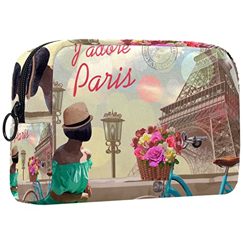 Kosmetiktasche für Frauen,kleine Make-up-Tasche für Geldbörse,Retro-Paris-Mädchen und Fahrrad,Reisekosmetiktasche,Make-up-Tasche von NigelMu