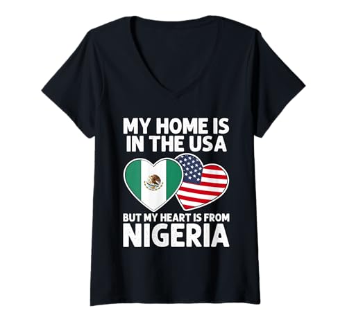 Damen My Home USA My Heart Nigeria Nigerian American Pride Flagge T-Shirt mit V-Ausschnitt Damen My Home USA My Heart Nigeria Nigerian American Pride Flagge T-Shirt mit V-Ausschnitt von Nigeria Pride Flag Apparel