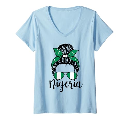 Damen Patriotische Nigeria Cute Messy Bun Nigerianische Flagge Mädchen Mama T-Shirt mit V-Ausschnitt von Nigerian Nigeria Flag Designs