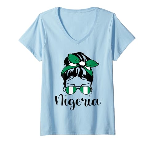 Damen Patriotische Nigeria Messy Bun Nigerianische Flagge Mama Mädchen Kinder T-Shirt mit V-Ausschnitt von Nigerian Nigeria Flag Designs
