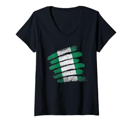 Damen Patriotische nigerianische Flagge, Unabhängigkeitstag, Vintage-Stil T-Shirt mit V-Ausschnitt von Nigerian Nigeria Flag Designs