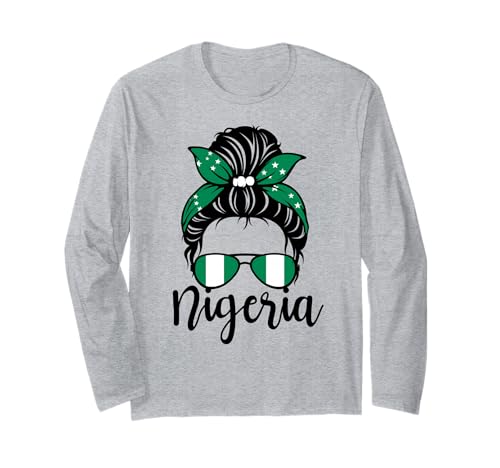 Patriotische Nigeria Cute Messy Bun Nigerianische Flagge Mädchen Mama Langarmshirt Patriotische Nigeria Cute Messy Bun Nigerianische Flagge Mädchen Mama Langarmshirt von Nigerian Nigeria Flag Designs